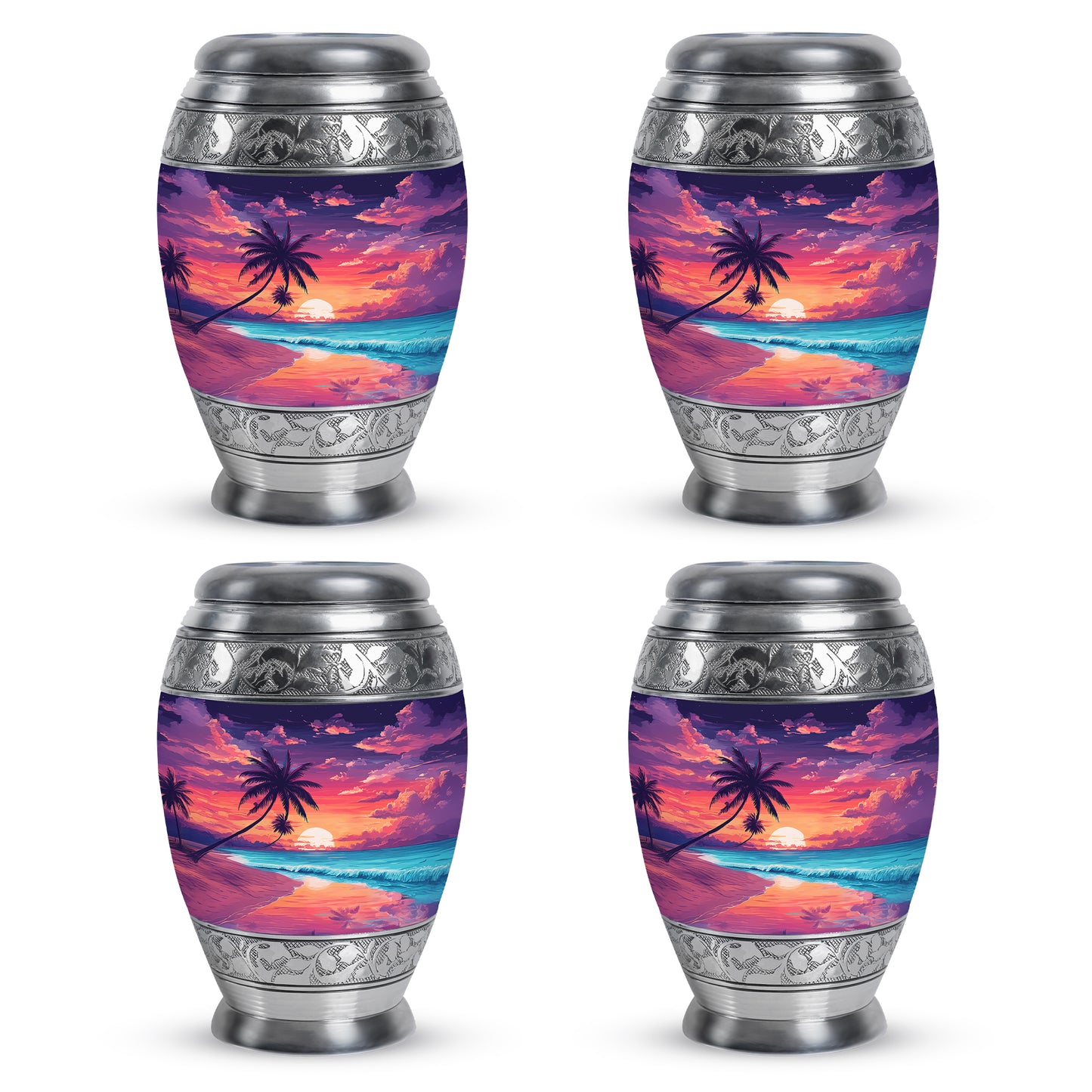 Indigo Beach Cremation Urn urn with complimentary velvet bag - ornate monarch-style beach relief on brushed aluminum - 10 inch aluminum urn for cremated remains