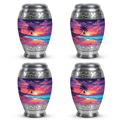 Indigo Beach Cremation Urn urn with complimentary velvet bag - ornate monarch-style beach relief on brushed aluminum - 10 inch aluminum urn for cremated remains