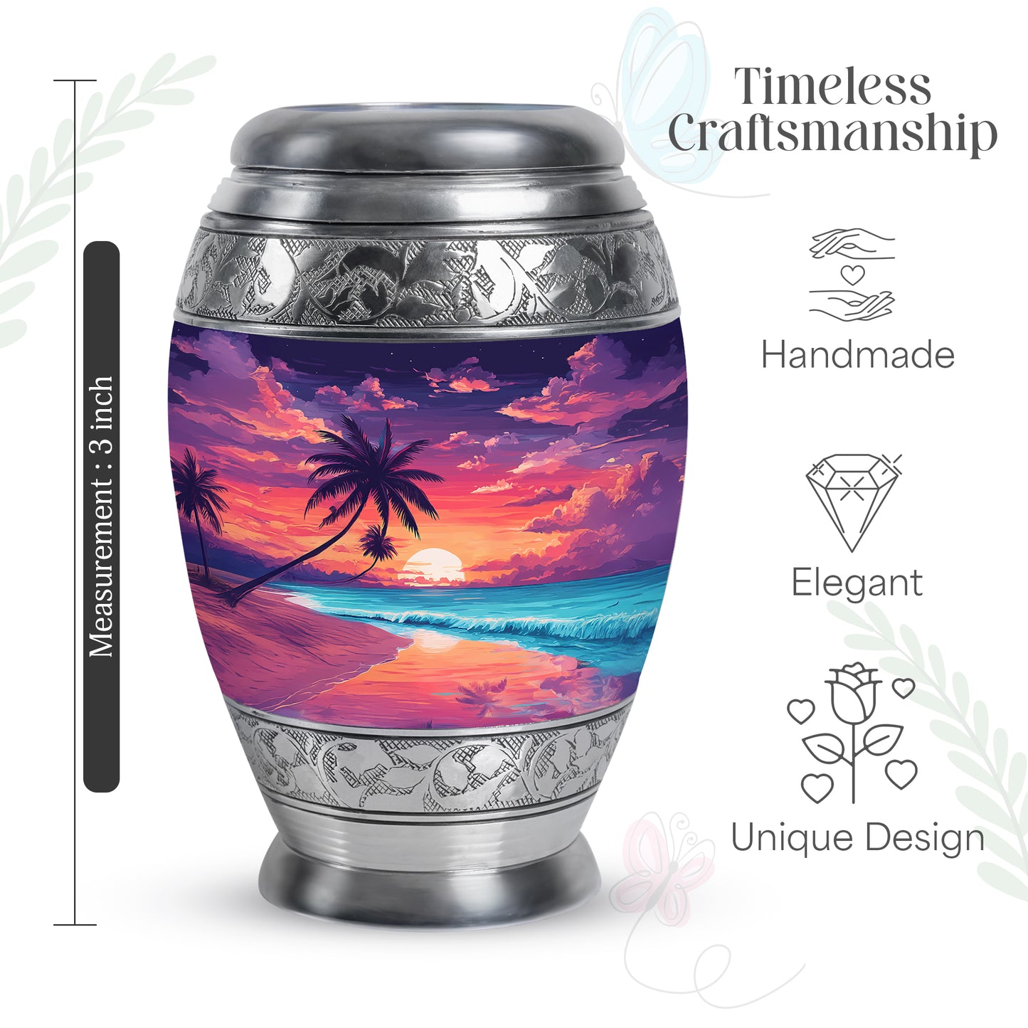 Royal Blue Beach Cremation Urn lifestyle display on memorial shelf - royal beach engraving with decorative scrollwork - mini keepsake memorial for portion of cremation ashes