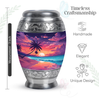 Royal Blue Beach Cremation Urn lifestyle display on memorial shelf - royal beach engraving with decorative scrollwork - mini keepsake memorial for portion of cremation ashes