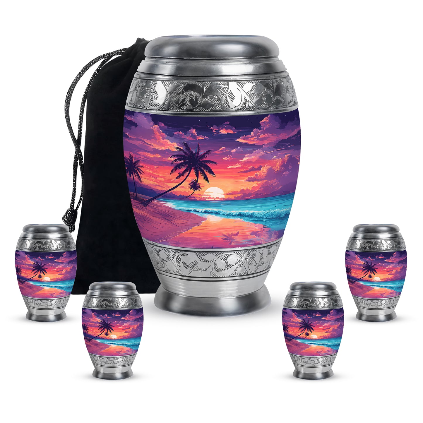Pastel Blue Beach Cremation Urn detail view - regal beach design with crown-inspired accents - memorial set with one large and four small urns