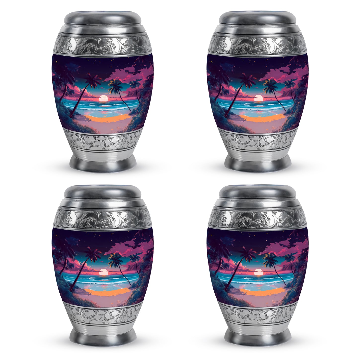 Violet Purple Beach Cremation Urn urn with complimentary velvet bag - royal beach engraving with decorative scrollwork - 10 inch aluminum urn for cremated remains