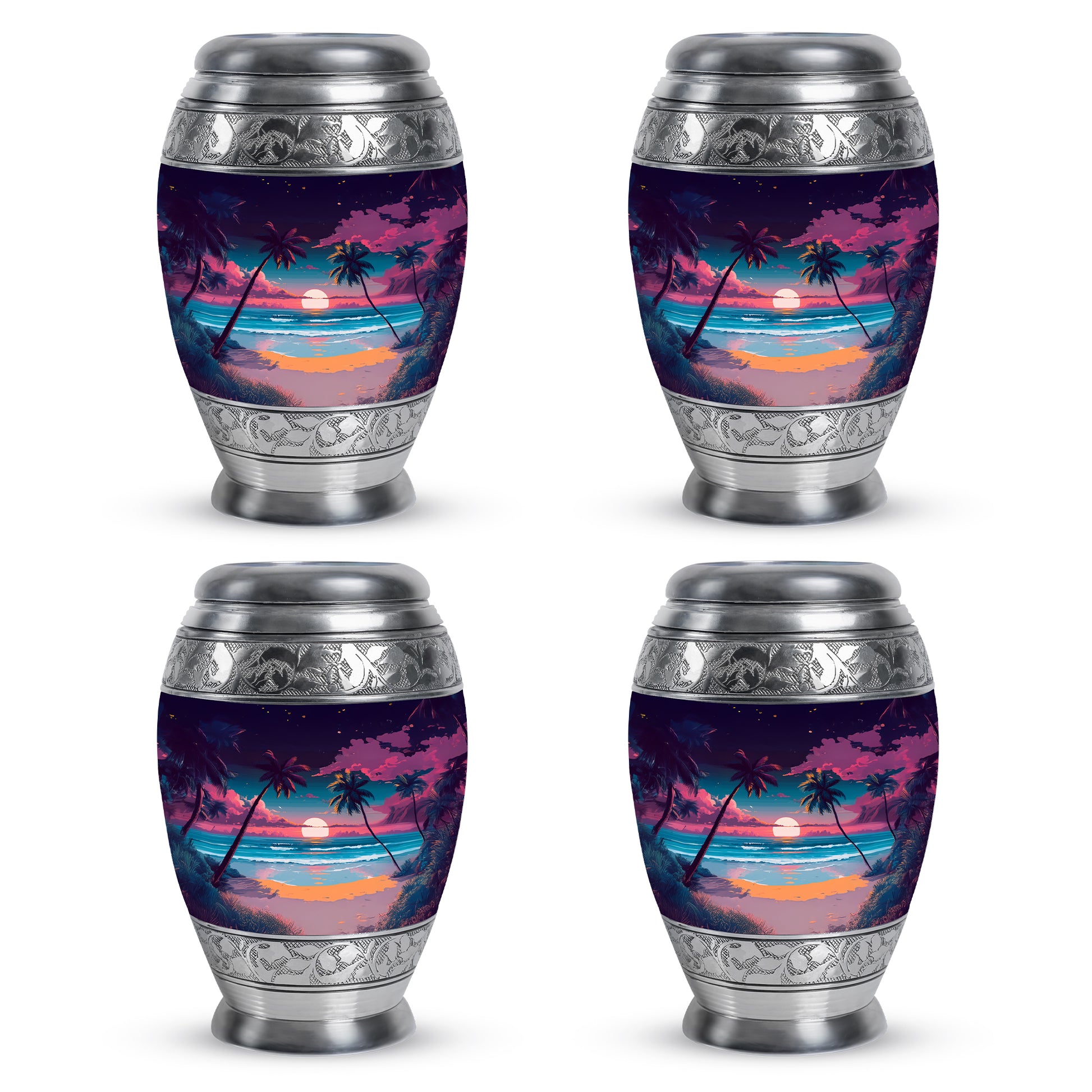 Violet Purple Beach Cremation Urn urn with complimentary velvet bag - royal beach engraving with decorative scrollwork - 10 inch aluminum urn for cremated remains
