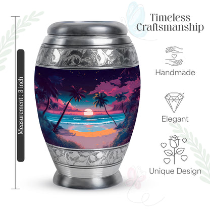 Twilight Purple Beach Cremation Urn lifestyle display on memorial shelf - majestic beach pattern with filigree border - mini keepsake memorial for portion of cremation ashes