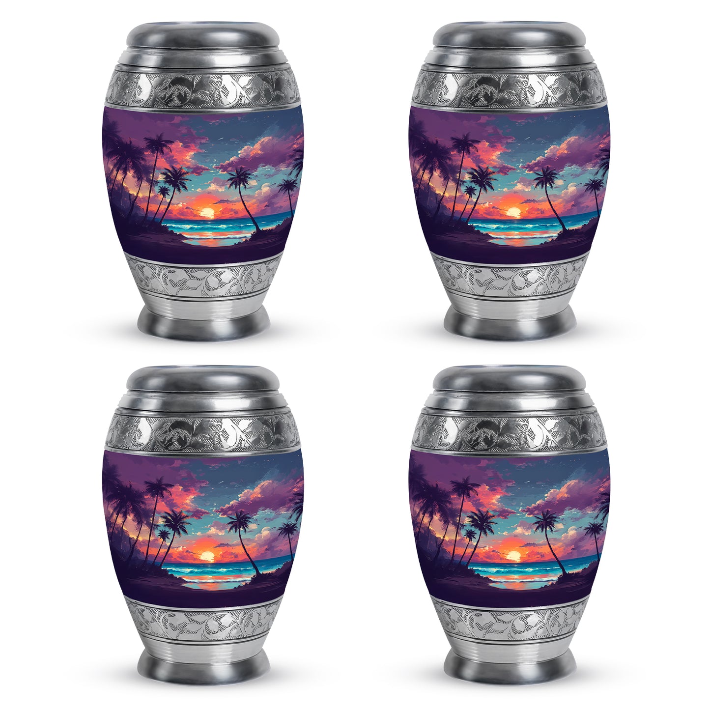 Celestial Blue Beach Cremation Urn urn with complimentary velvet bag - ornate monarch-style beach relief on brushed aluminum - 10 inch aluminum urn for cremated remains