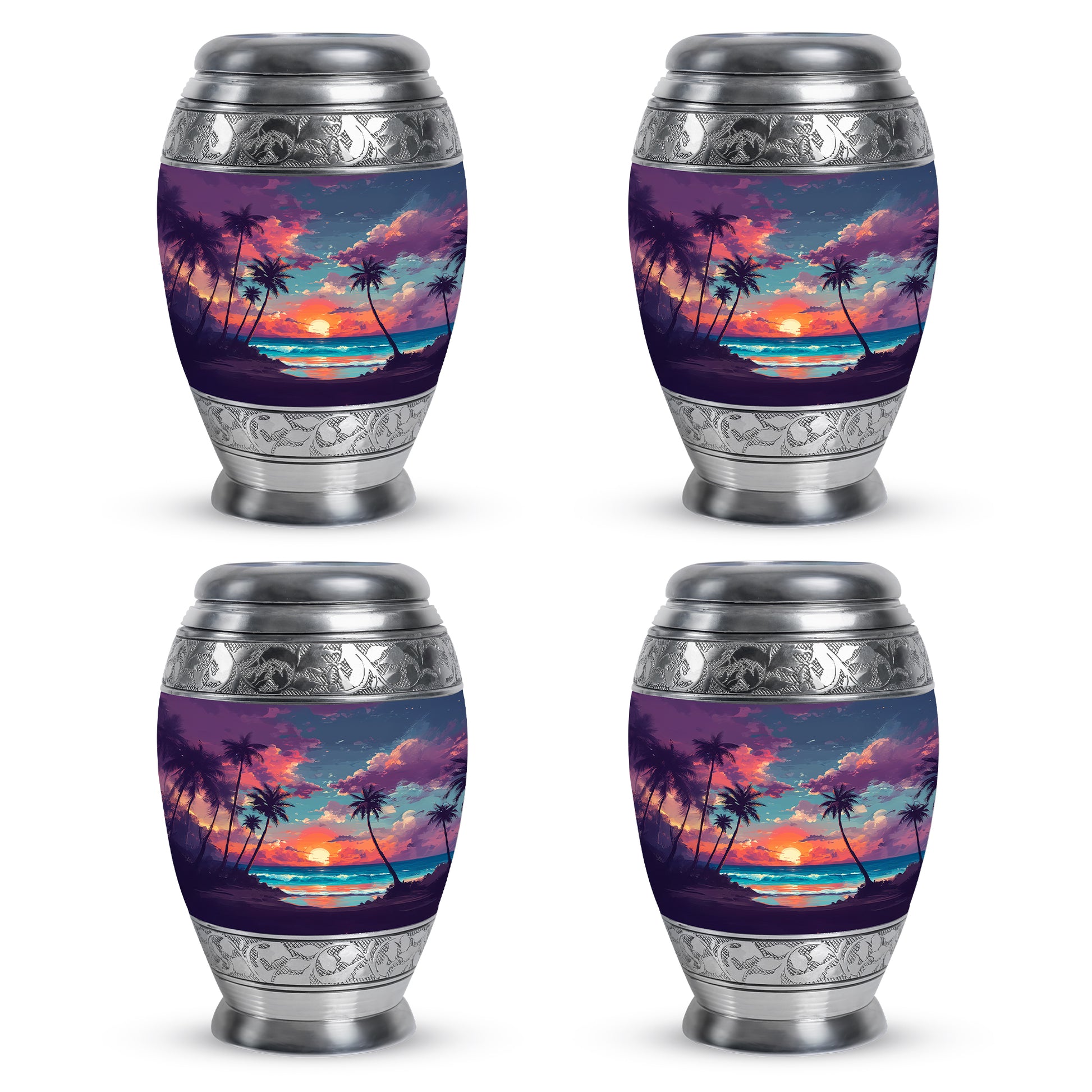 Celestial Blue Beach Cremation Urn urn with complimentary velvet bag - ornate monarch-style beach relief on brushed aluminum - 10 inch aluminum urn for cremated remains