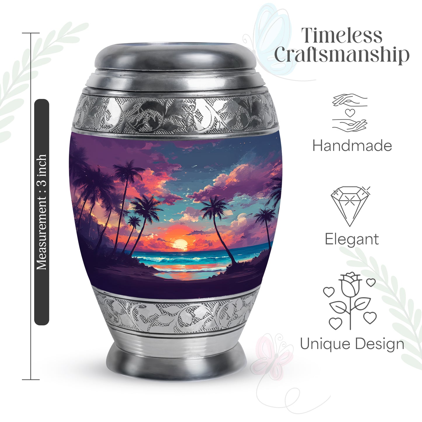 Serene Blue Beach Cremation Urn lifestyle display on memorial shelf - majestic beach pattern with filigree border - mini keepsake memorial for portion of cremation ashes
