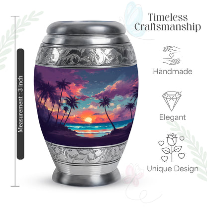 Serene Blue Beach Cremation Urn lifestyle display on memorial shelf - majestic beach pattern with filigree border - mini keepsake memorial for portion of cremation ashes