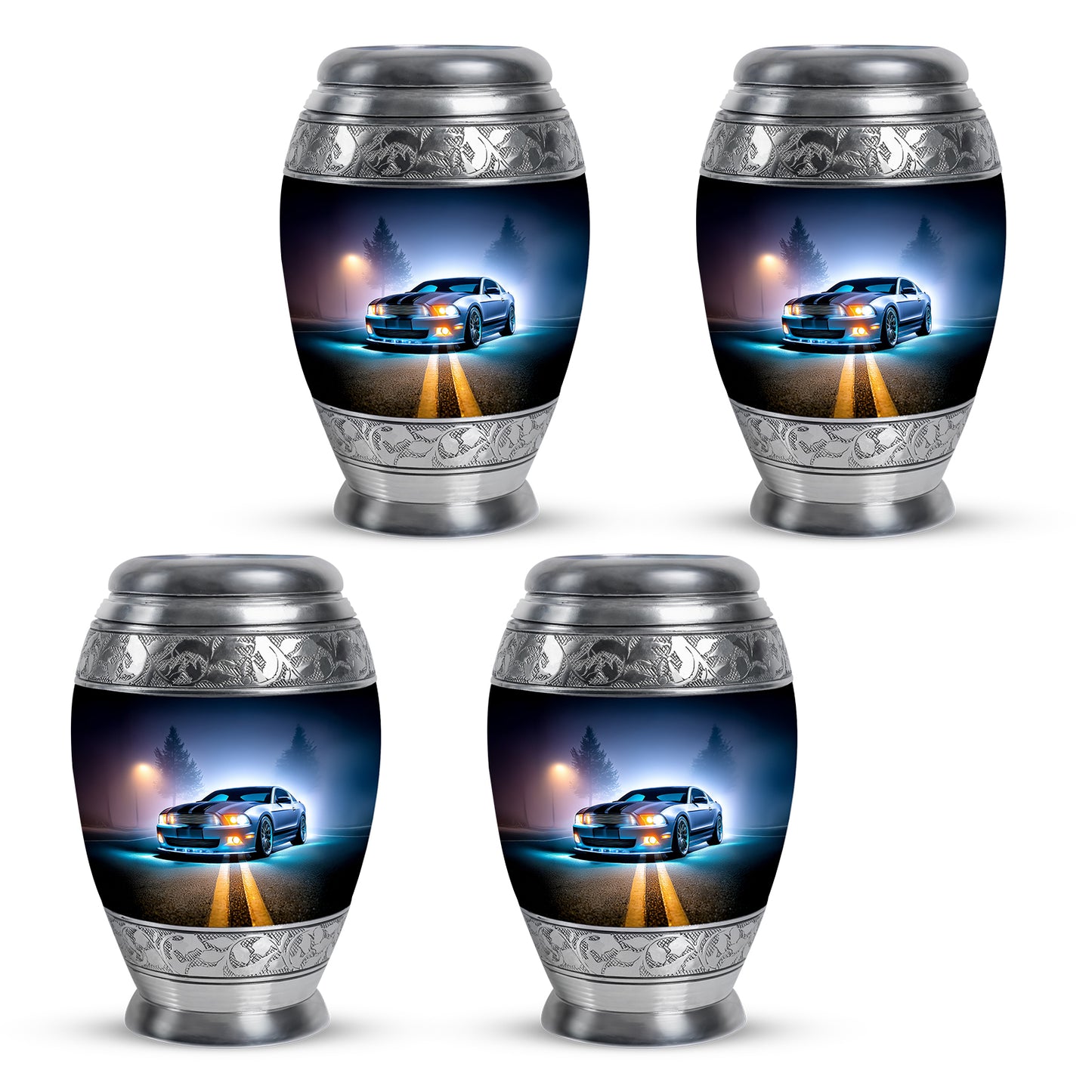 Bright Blue Car Cremation Urn urn with complimentary velvet bag - royal car engraving with decorative scrollwork - 10 inch aluminum urn for cremated remains