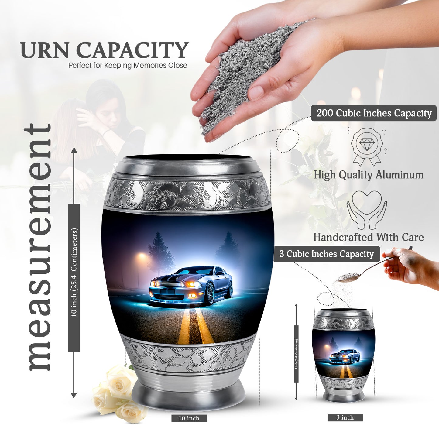 Serene Blue Car Cremation Urn lifestyle display on memorial shelf - majestic car pattern with filigree border - mini keepsake memorial for portion of cremation ashes