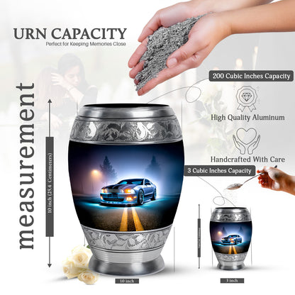 Serene Blue Car Cremation Urn lifestyle display on memorial shelf - majestic car pattern with filigree border - mini keepsake memorial for portion of cremation ashes