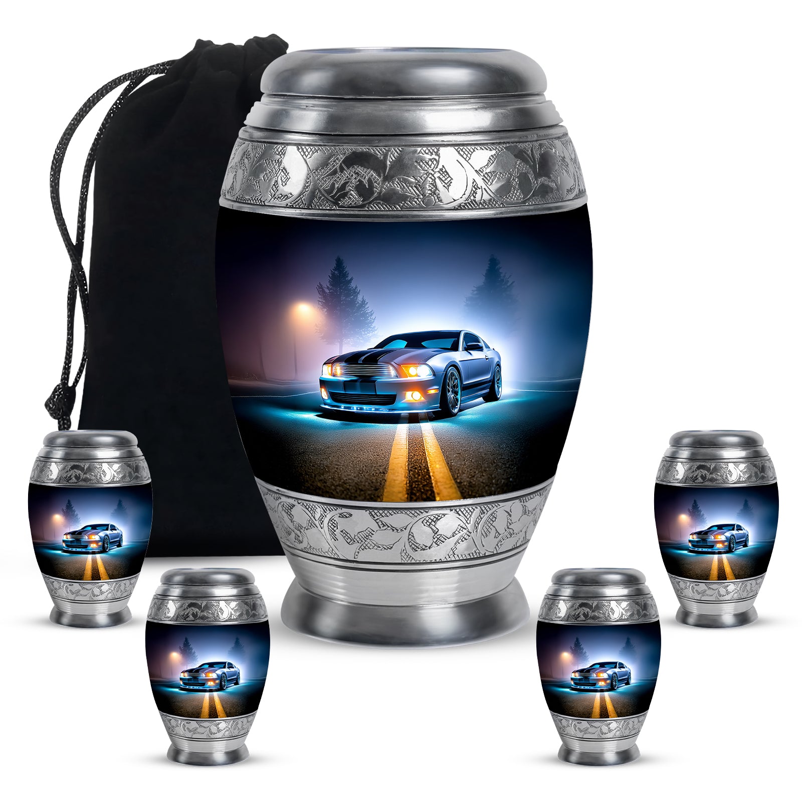 Slate Blue Car Cremation Urn detail view - regal car design with crown-inspired accents - memorial set with one large and four small urns