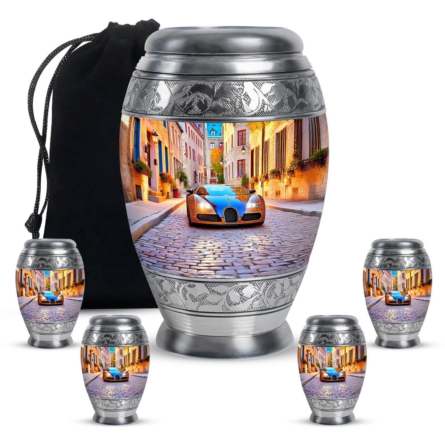 Cornflower Blue Car Cremation Urn detail view - royal car engraving with decorative scrollwork - memorial set with one large and four small urns