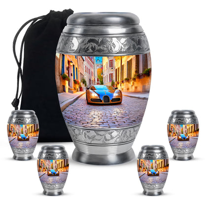 Cornflower Blue Car Cremation Urn detail view - royal car engraving with decorative scrollwork - memorial set with one large and four small urns