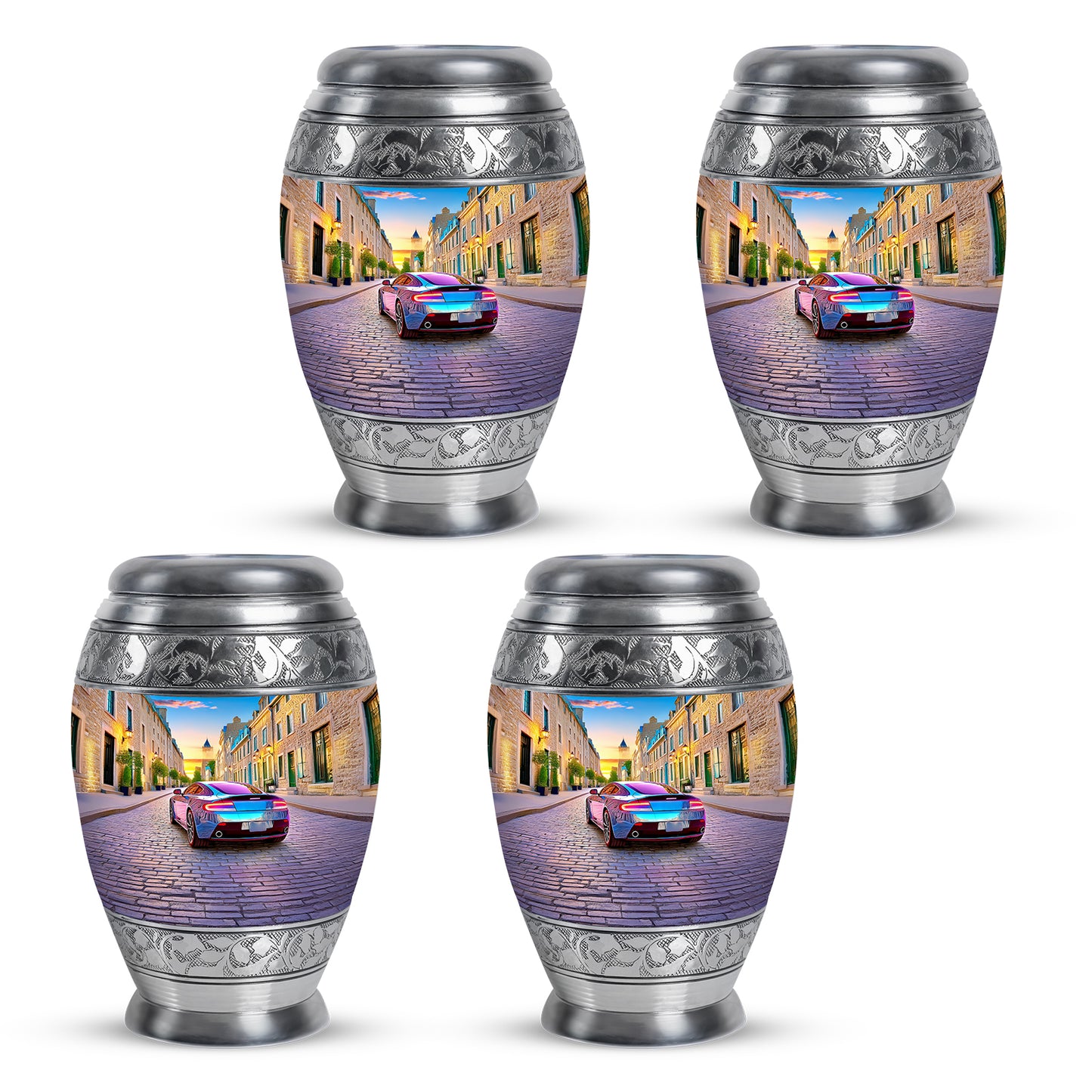Soft Blue Car Cremation Urn urn with complimentary velvet bag - royal car engraving with decorative scrollwork - 10 inch aluminum urn for cremated remains