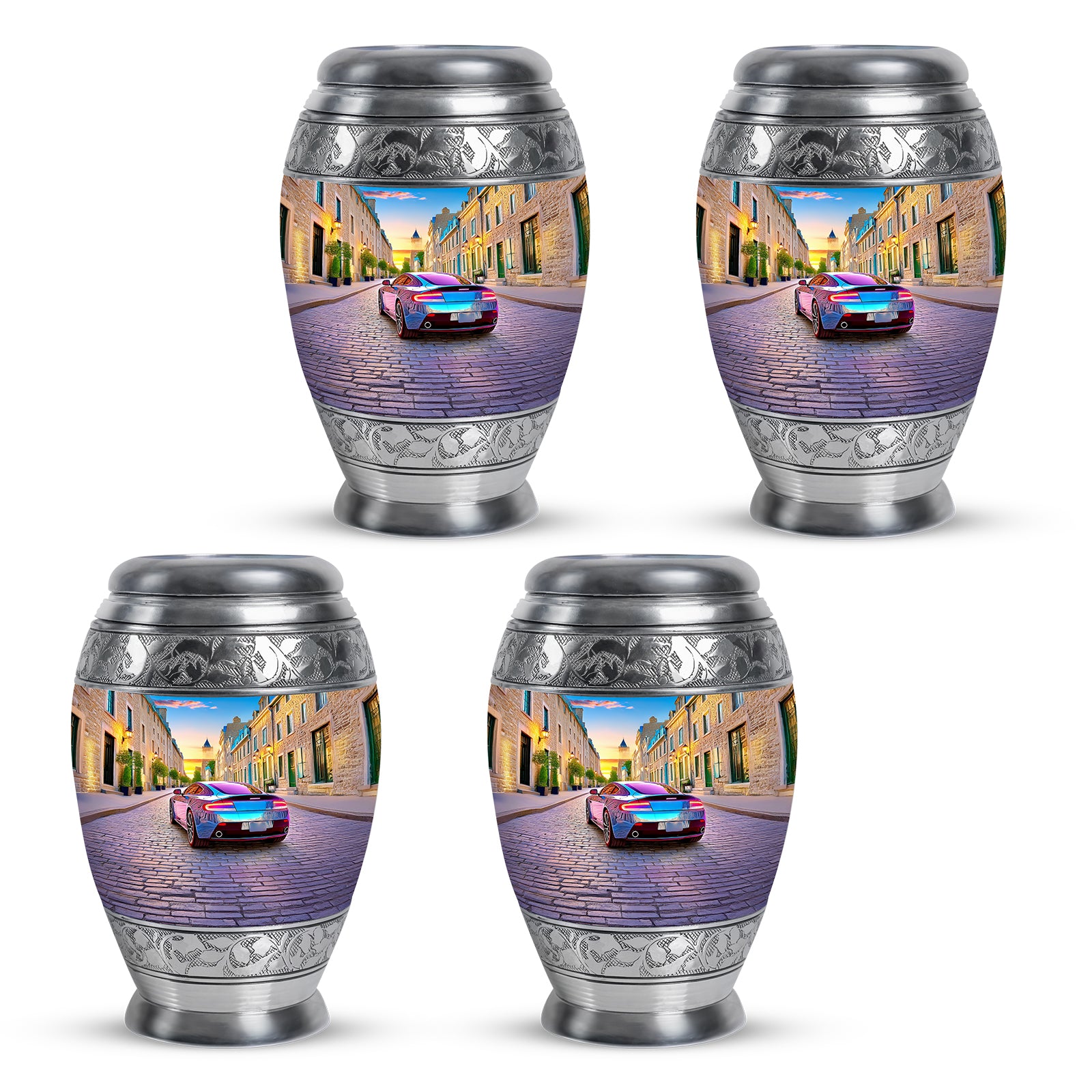 Soft Blue Car Cremation Urn urn with complimentary velvet bag - royal car engraving with decorative scrollwork - 10 inch aluminum urn for cremated remains