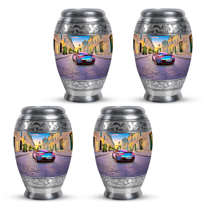 Soft Blue Car Cremation Urn urn with complimentary velvet bag - royal car engraving with decorative scrollwork - 10 inch aluminum urn for cremated remains
