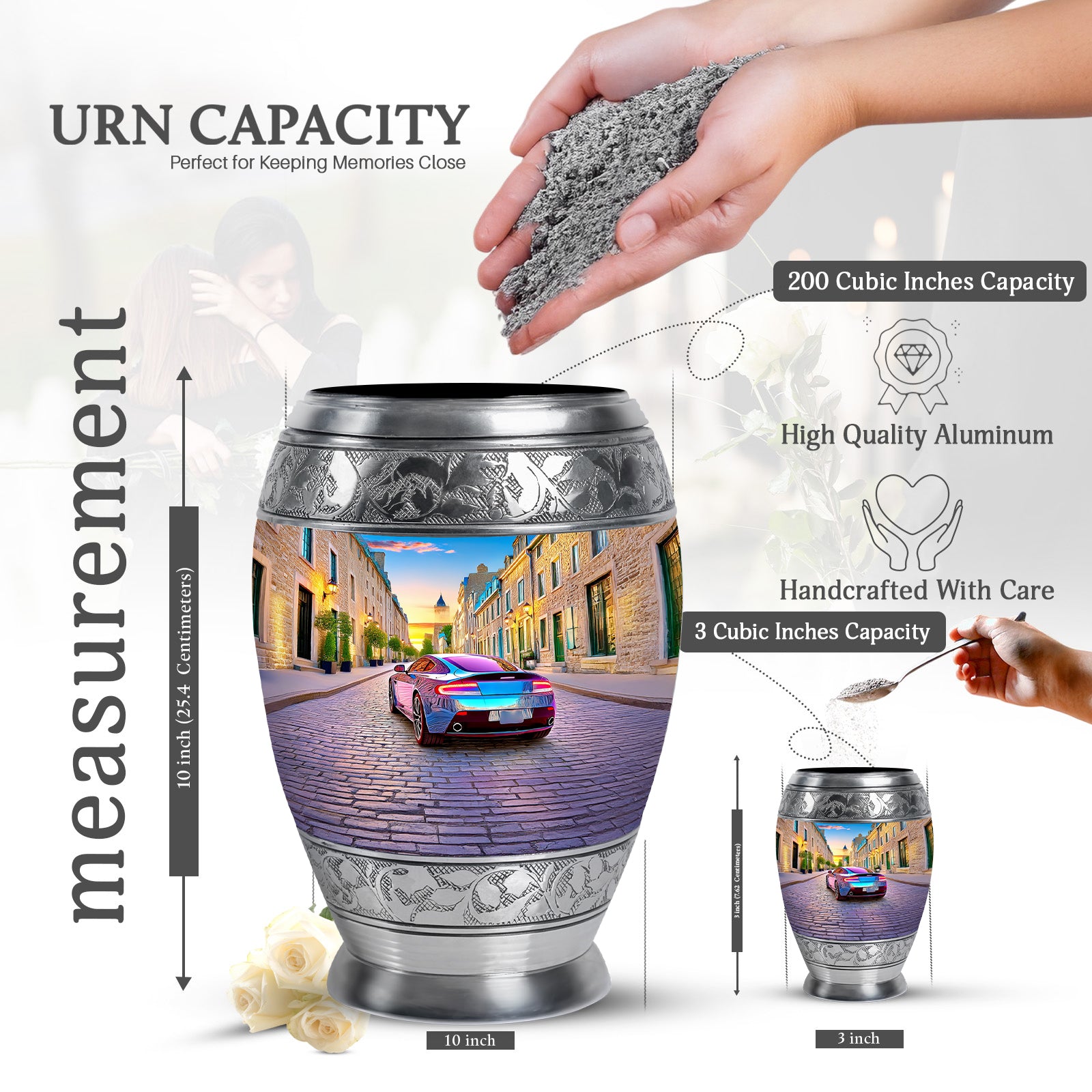Sapphire Blue Car Cremation Urn lifestyle display on memorial shelf - majestic car pattern with filigree border - mini keepsake memorial for portion of cremation ashes