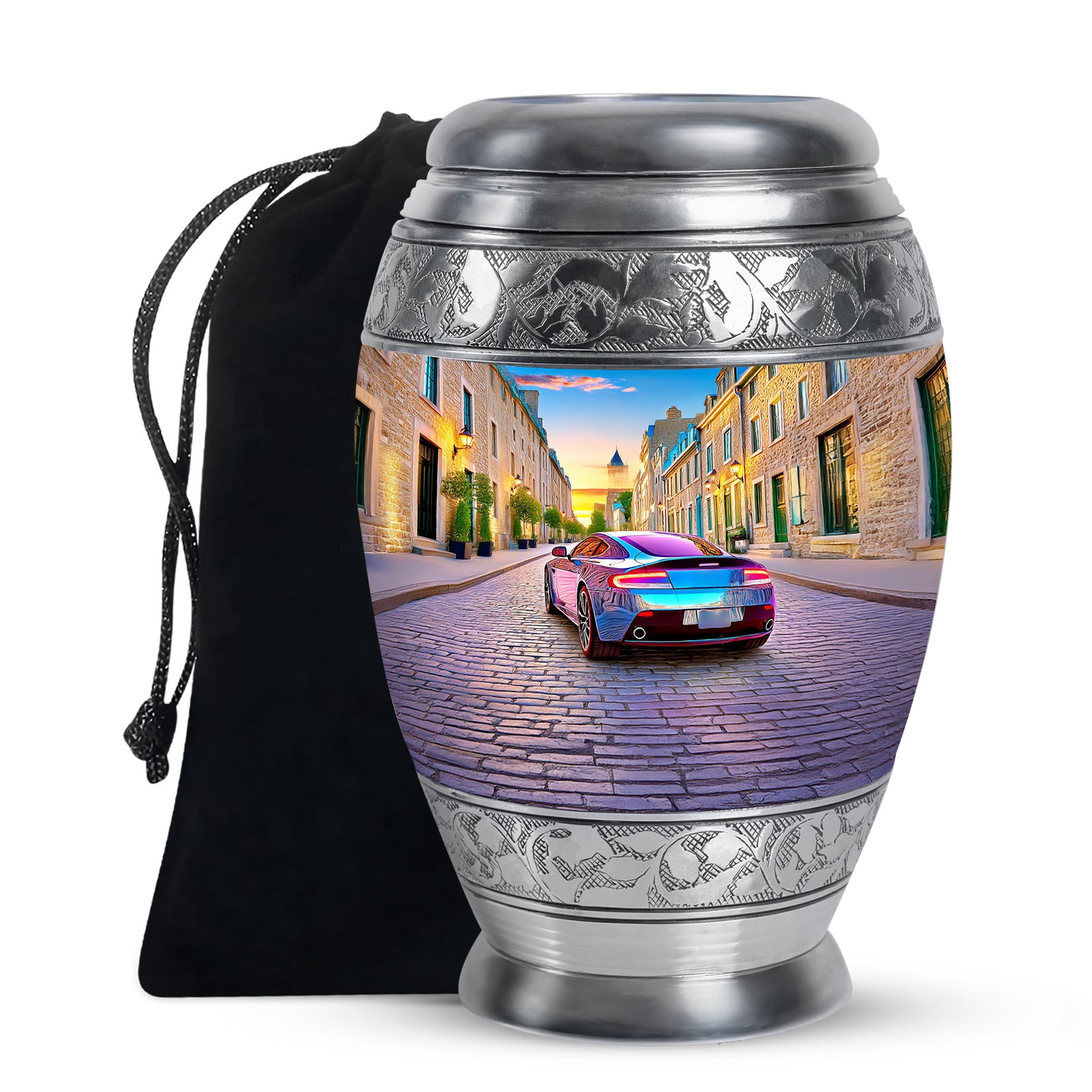 Soft Blue Car Cremation Urn back view with polished surface - majestic car pattern with filigree border - full-size 10 inch 200 cubic inch adult cremation urn