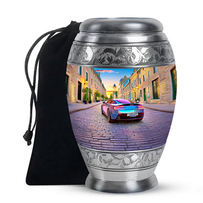 Soft Blue Car Cremation Urn back view with polished surface - majestic car pattern with filigree border - full-size 10 inch 200 cubic inch adult cremation urn
