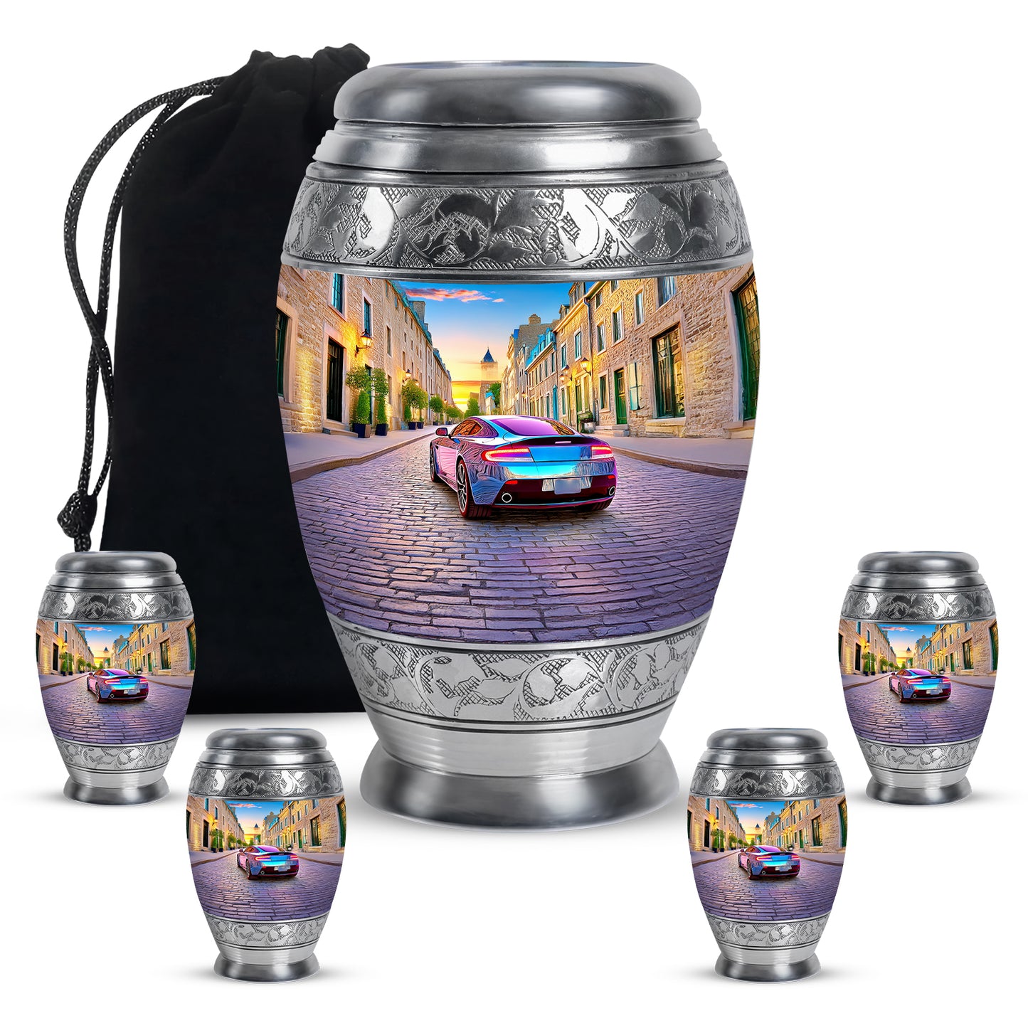 Slate Blue Car Cremation Urn detail view - regal car design with crown-inspired accents - memorial set with one large and four small urns