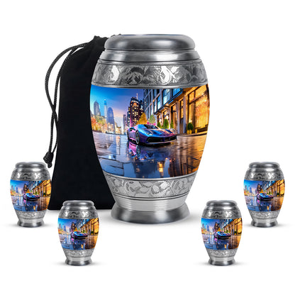 Sapphire Blue Car Cremation Urn detail view - royal car engraving with decorative scrollwork - memorial set with one large and four small urns