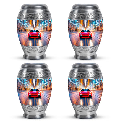 Bright Blue Car Cremation Urn urn with complimentary velvet bag - royal car engraving with decorative scrollwork - 10 inch aluminum urn for cremated remains