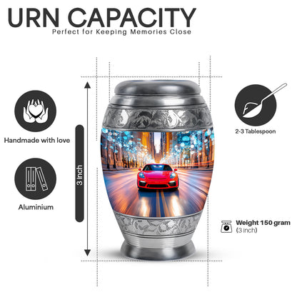 Bright Blue Car Cremation Urn lifestyle display on memorial shelf - royal car engraving with decorative scrollwork - mini keepsake memorial for portion of cremation ashes