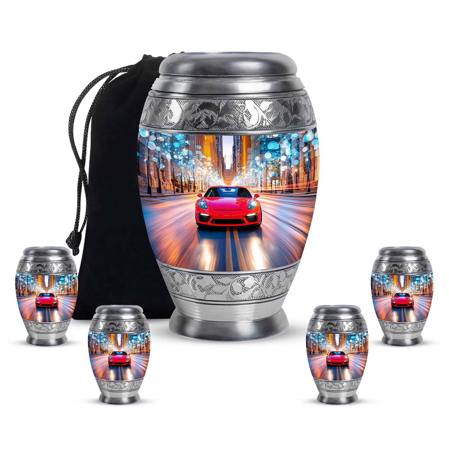 Misty Blue Car Cremation Urn detail view - regal car design with crown-inspired accents - memorial set with one large and four small urns