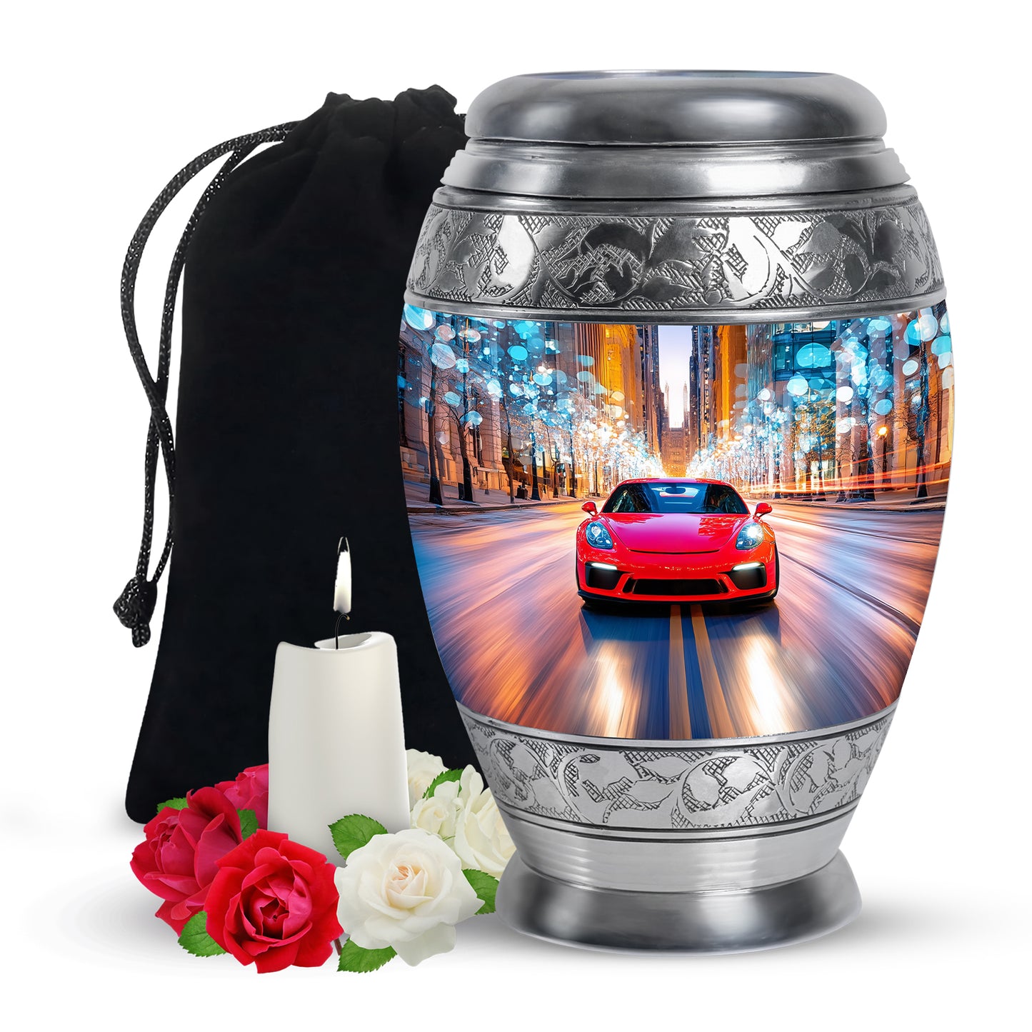 Celestial Blue Car Cremation Urn back view with polished surface - regal car design with crown-inspired accents - full-size 10 inch 200 cubic inch adult cremation urn