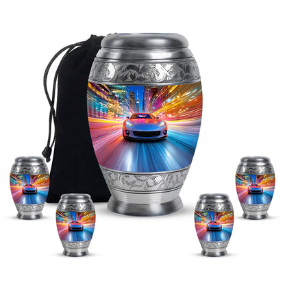 Celestial Blue Car Cremation Urn detail view - ornate monarch-style car relief on brushed aluminum - memorial set with one large and four small urns