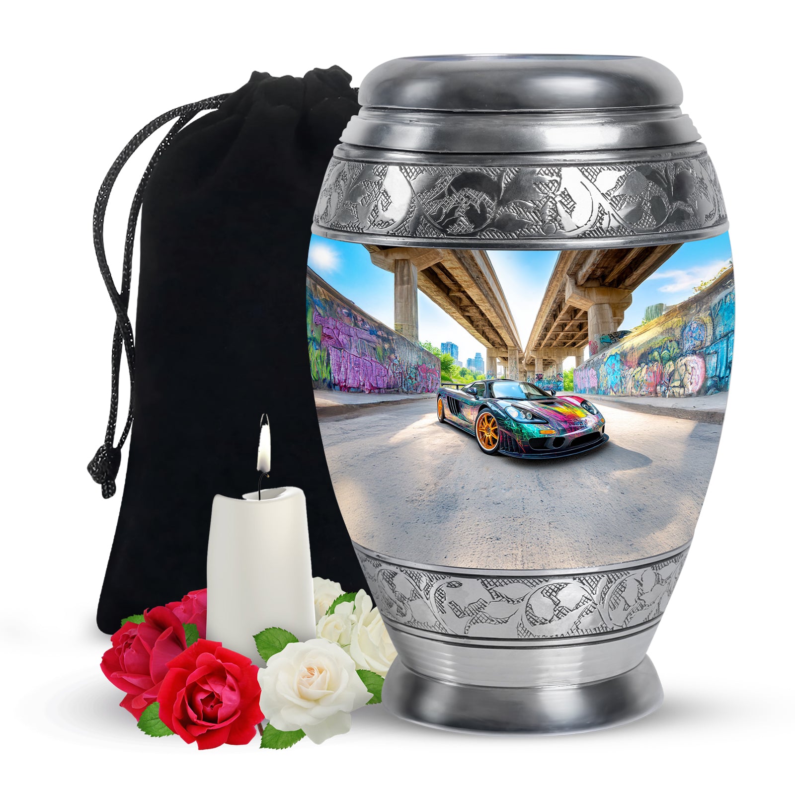 Icy Blue Car Cremation Urn back view with polished surface - regal car design with crown-inspired accents - full-size 10 inch 200 cubic inch adult cremation urn
