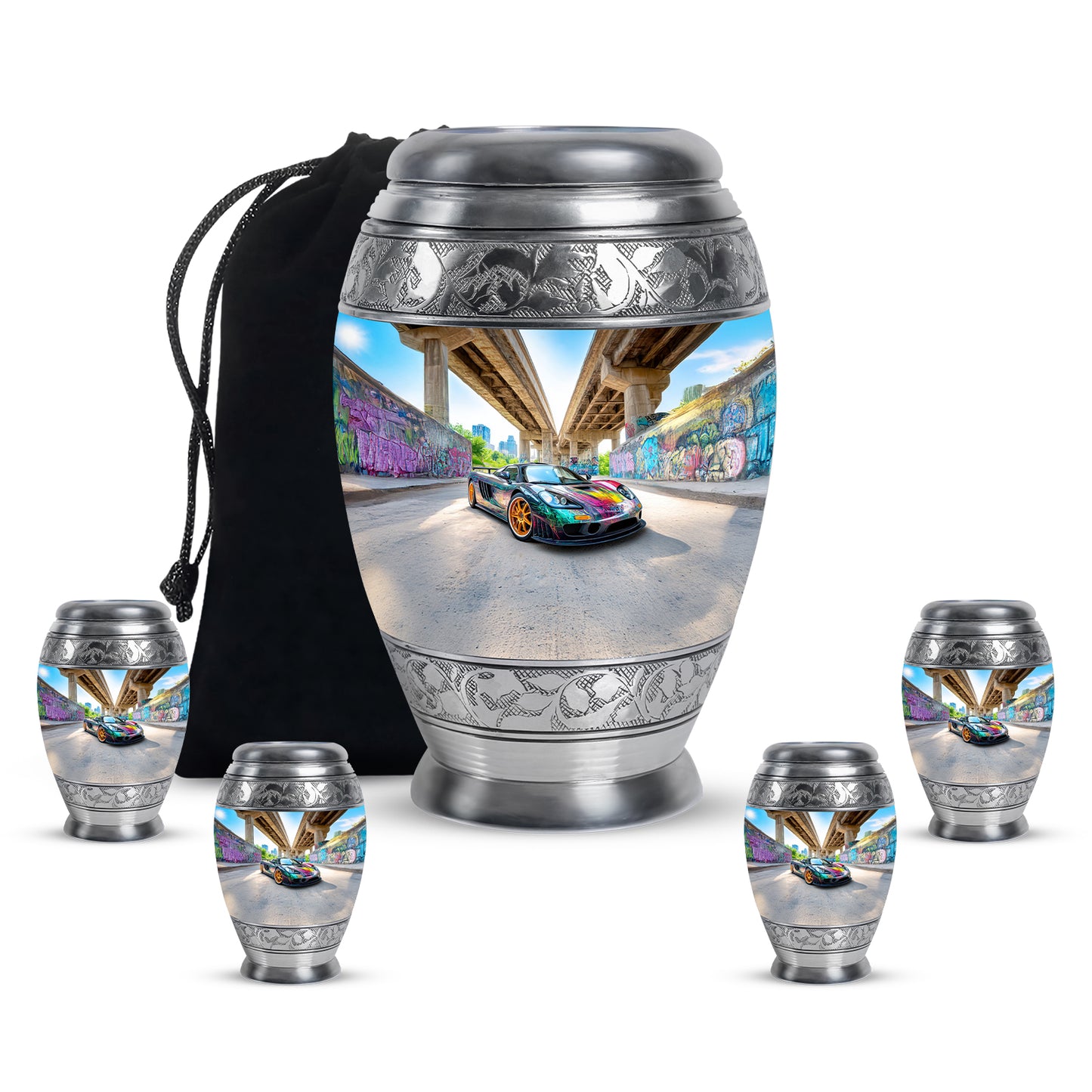 Indigo Car Cremation Urn detail view - ornate monarch-style car relief on brushed aluminum - memorial set with one large and four small urns