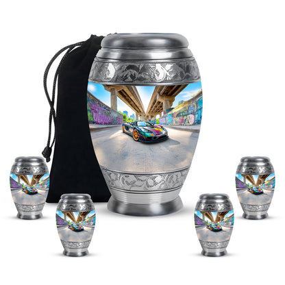 Indigo Car Cremation Urn detail view - ornate monarch-style car relief on brushed aluminum - memorial set with one large and four small urns