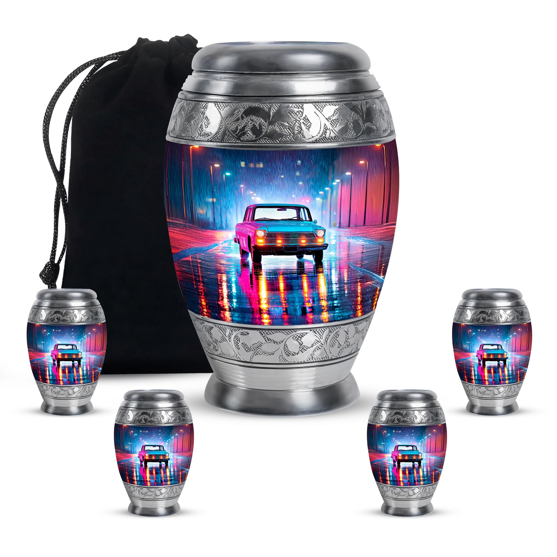 Bright Blue Car Cremation Urn detail view - royal car engraving with decorative scrollwork - memorial set with one large and four small urns