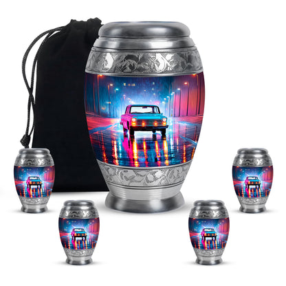 Bright Blue Car Cremation Urn detail view - royal car engraving with decorative scrollwork - memorial set with one large and four small urns