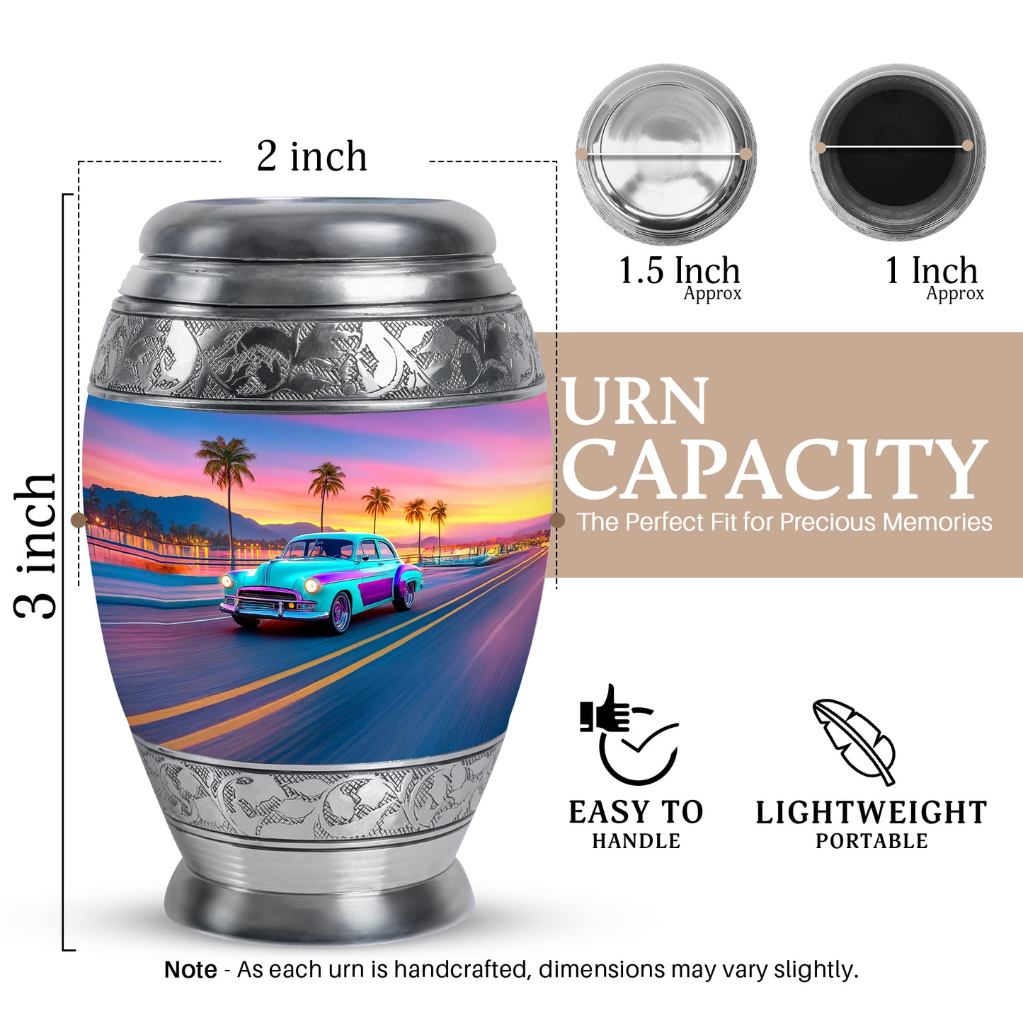 Sapphire Blue Car Cremation Urn lifestyle display on memorial shelf - majestic car pattern with filigree border - mini keepsake memorial for portion of cremation ashes