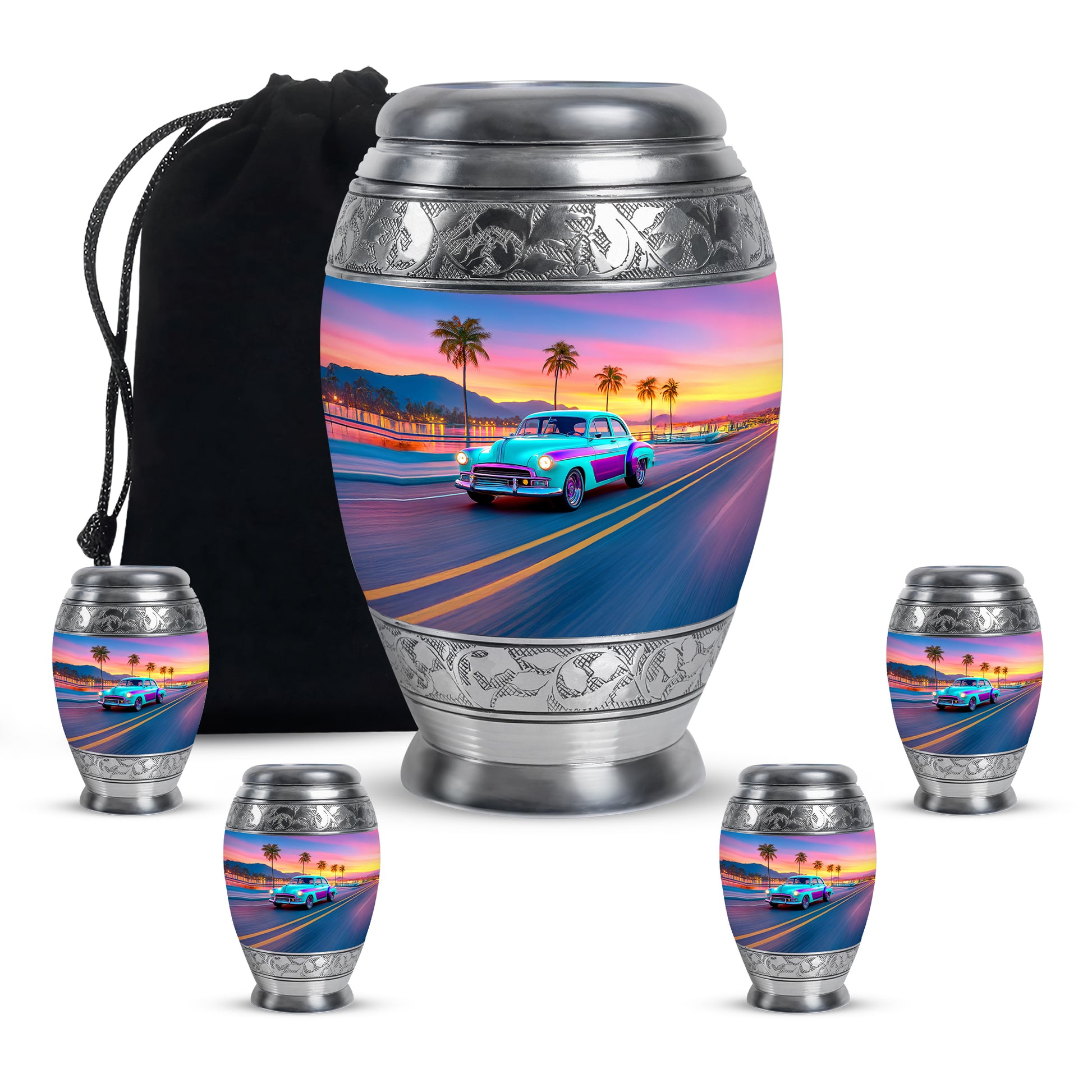 Powder Blue Car Cremation Urn detail view - ornate monarch-style car relief on brushed aluminum - memorial set with one large and four small urns