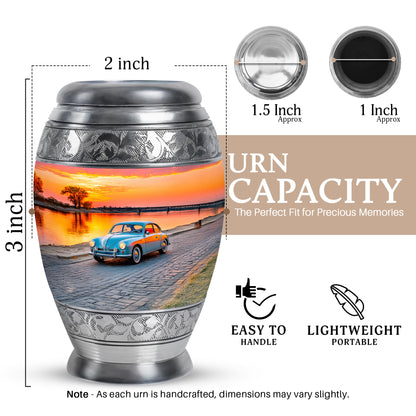 Rose Pink Car Cremation Urn lifestyle display on memorial shelf - regal car design with crown-inspired accents - mini keepsake memorial for portion of cremation ashes