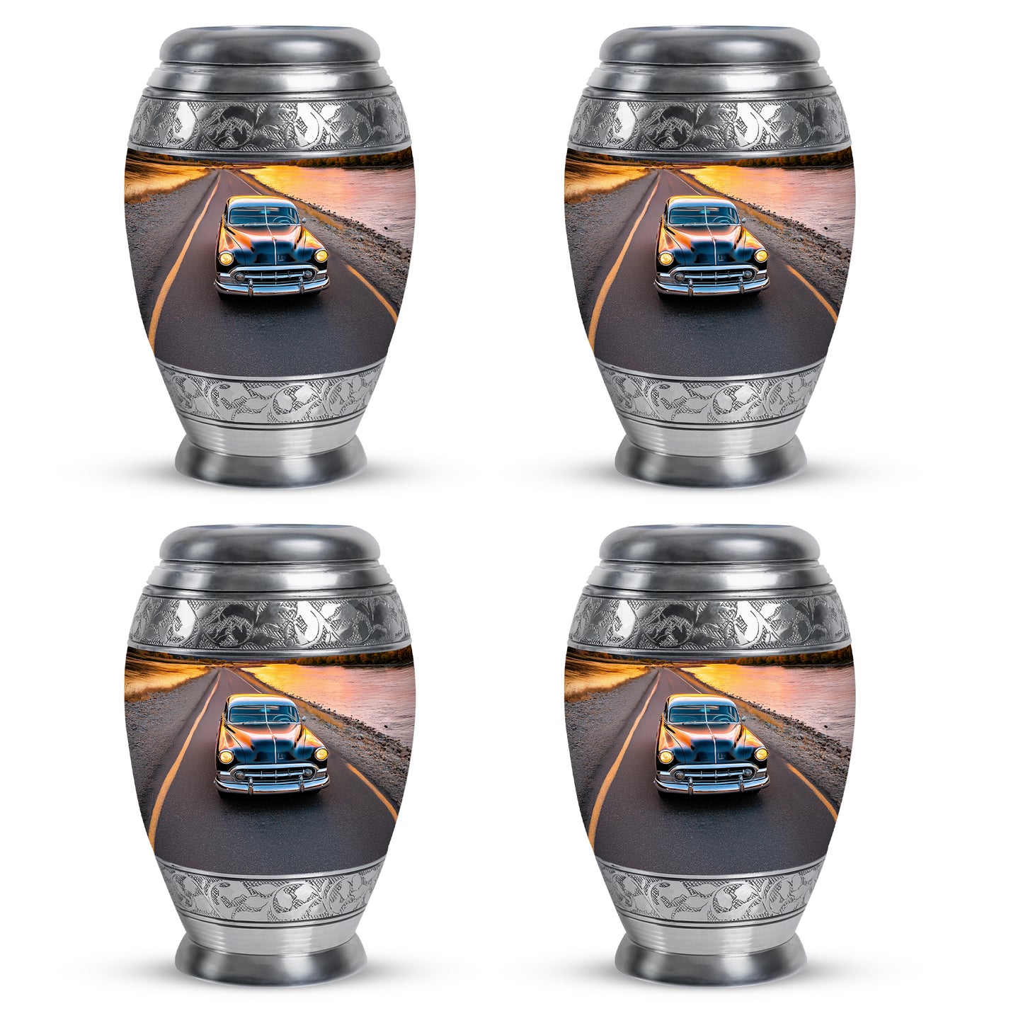 Bright Blue Car Cremation Urn urn with complimentary velvet bag - majestic car pattern with filigree border - 10 inch aluminum urn for cremated remains