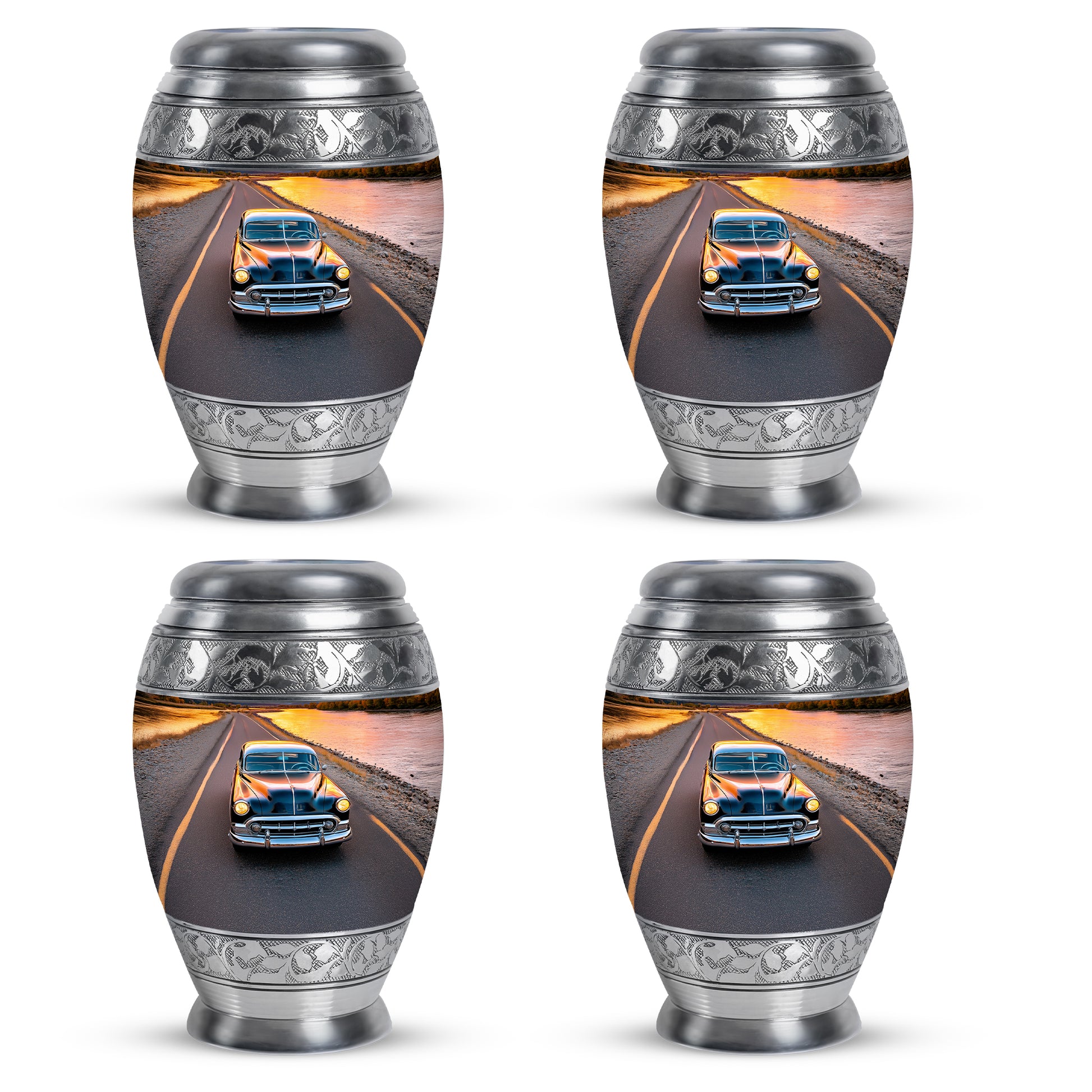 Bright Blue Car Cremation Urn urn with complimentary velvet bag - majestic car pattern with filigree border - 10 inch aluminum urn for cremated remains