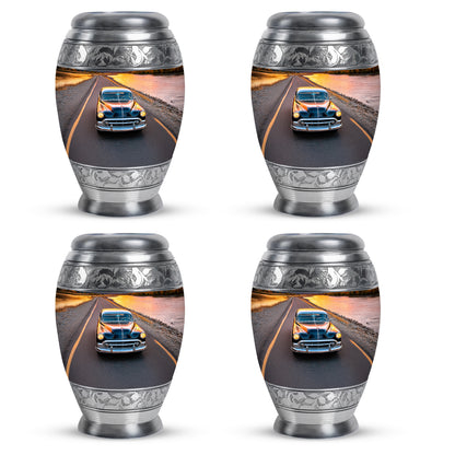 Bright Blue Car Cremation Urn urn with complimentary velvet bag - majestic car pattern with filigree border - 10 inch aluminum urn for cremated remains