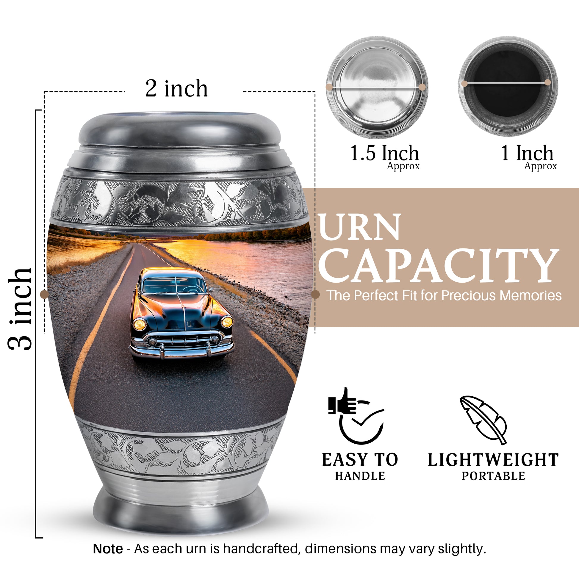 Royal Blue Car Cremation Urn lifestyle display on memorial shelf - majestic car pattern with filigree border - mini keepsake memorial for portion of cremation ashes