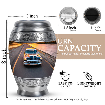 Royal Blue Car Cremation Urn lifestyle display on memorial shelf - majestic car pattern with filigree border - mini keepsake memorial for portion of cremation ashes