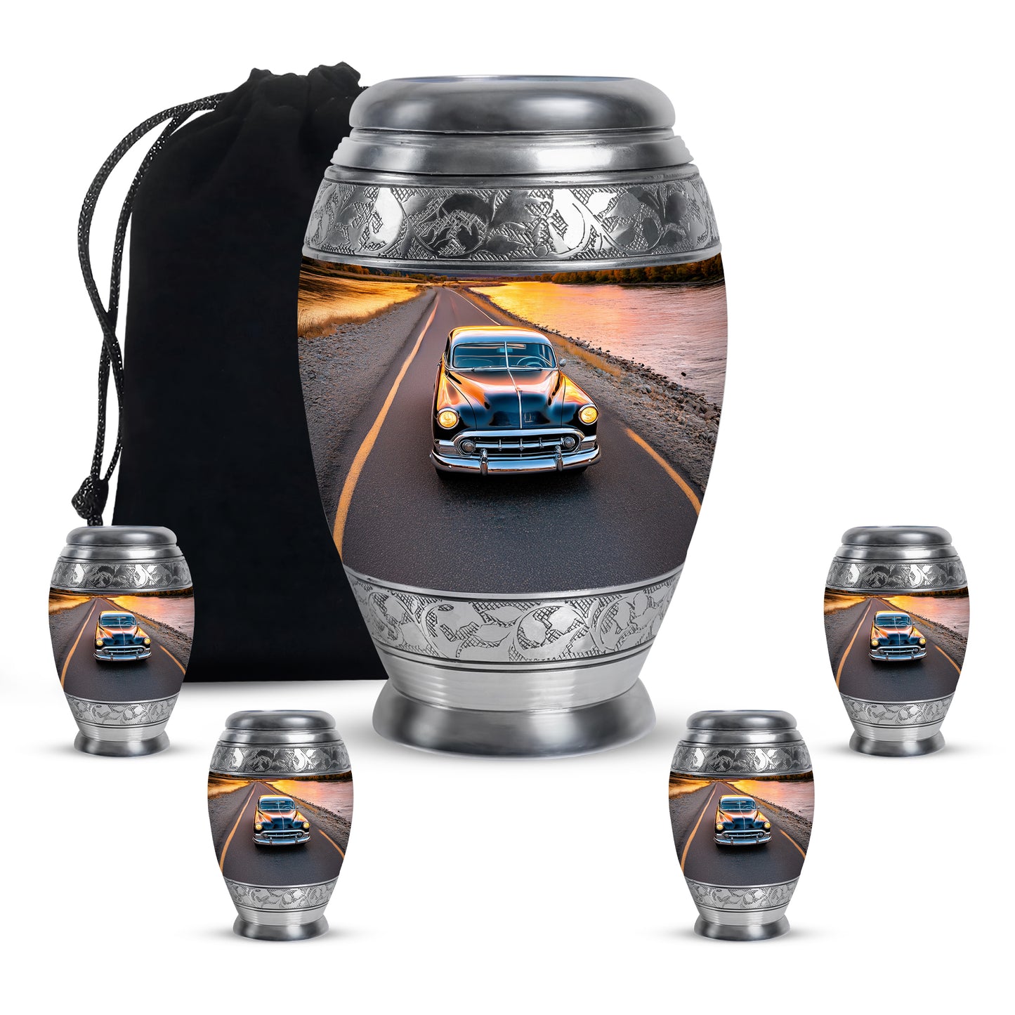 Sapphire Blue Car Cremation Urn detail view - majestic car pattern with filigree border - memorial set with one large and four small urns
