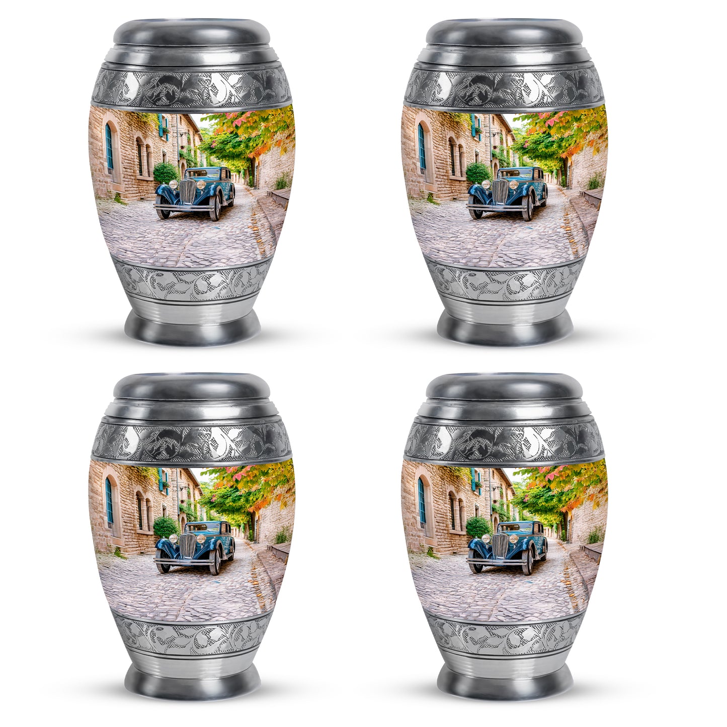Harvest Gold Car Cremation Urn urn with complimentary velvet bag - majestic car pattern with filigree border - 10 inch aluminum urn for cremated remains