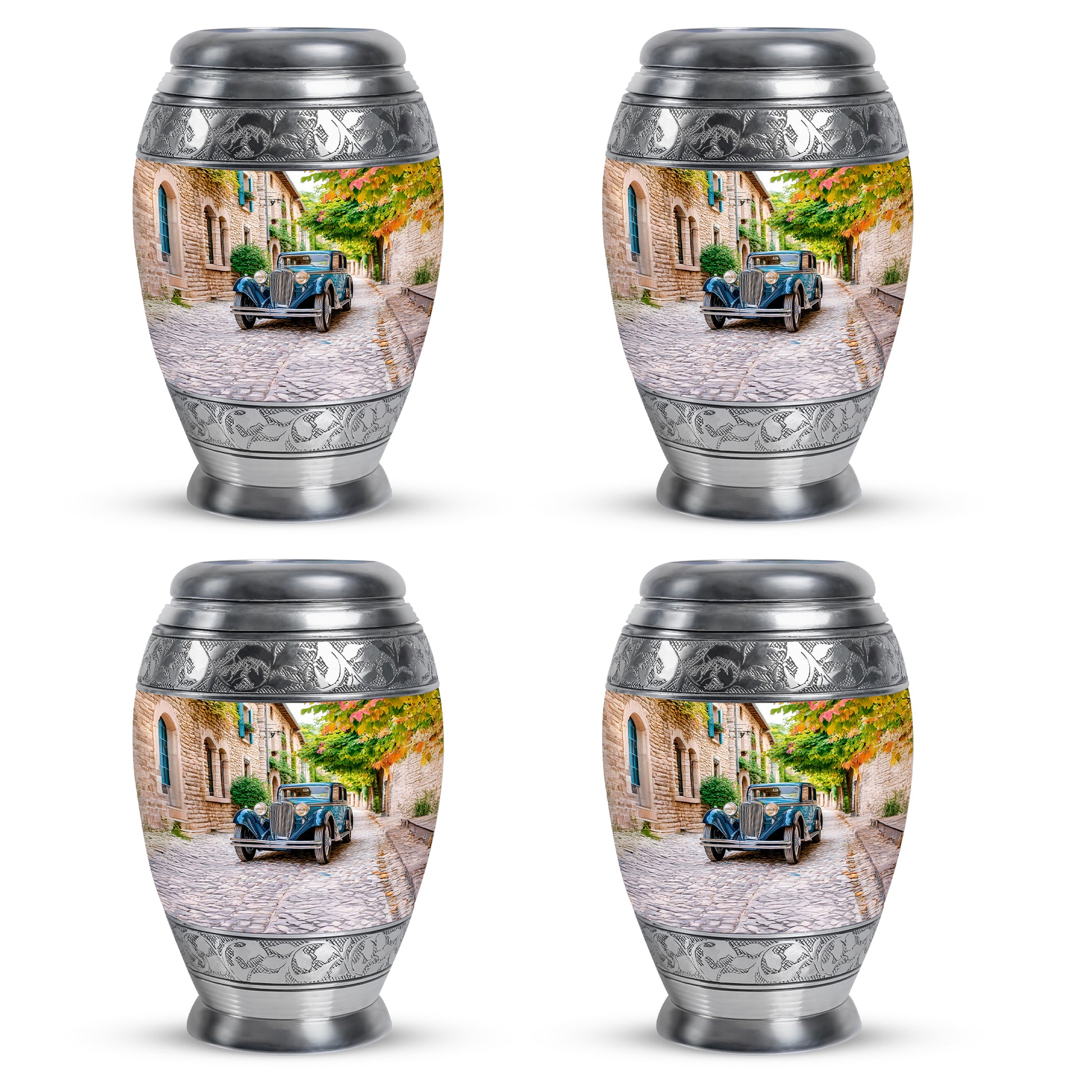 Harvest Gold Car Cremation Urn urn with complimentary velvet bag - majestic car pattern with filigree border - 10 inch aluminum urn for cremated remains