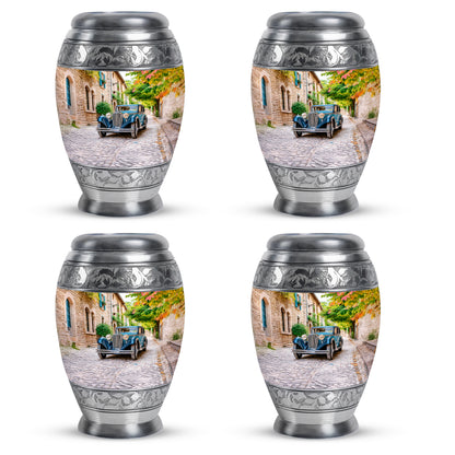 Harvest Gold Car Cremation Urn urn with complimentary velvet bag - majestic car pattern with filigree border - 10 inch aluminum urn for cremated remains