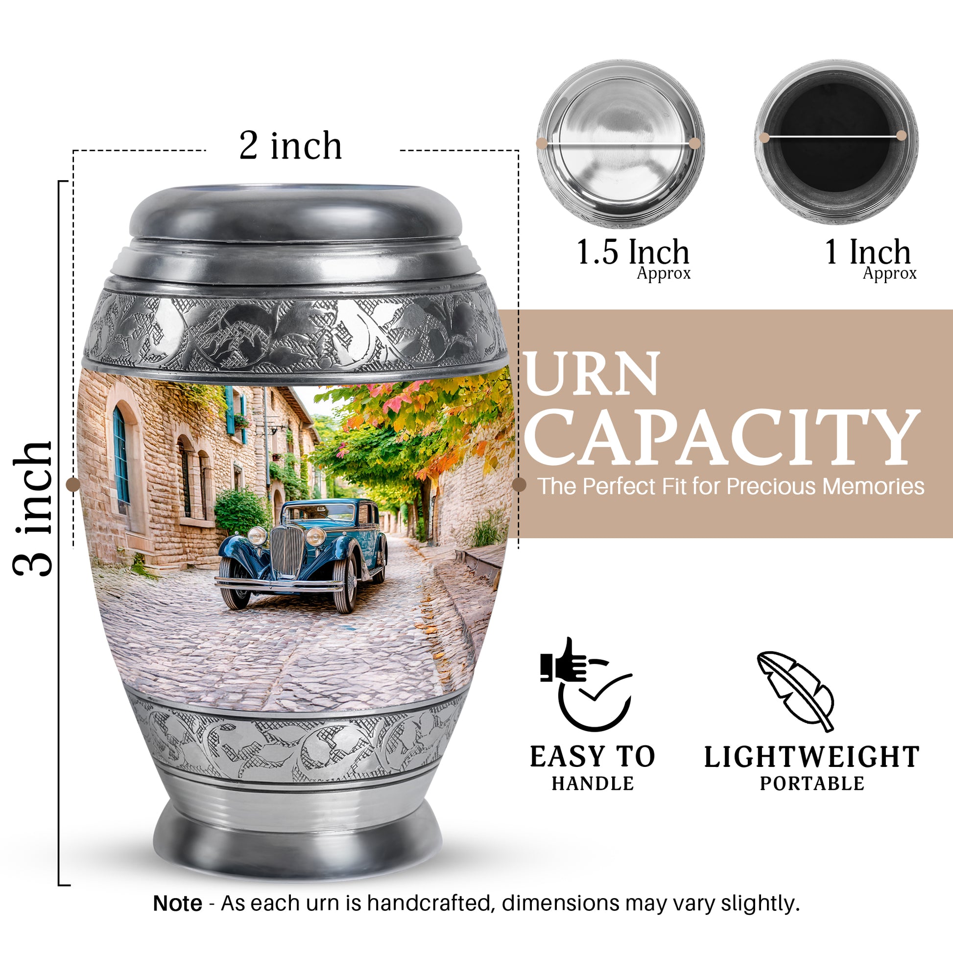 Warm Gold Car Cremation Urn lifestyle display on memorial shelf - royal car engraving with decorative scrollwork - mini keepsake memorial for portion of cremation ashes