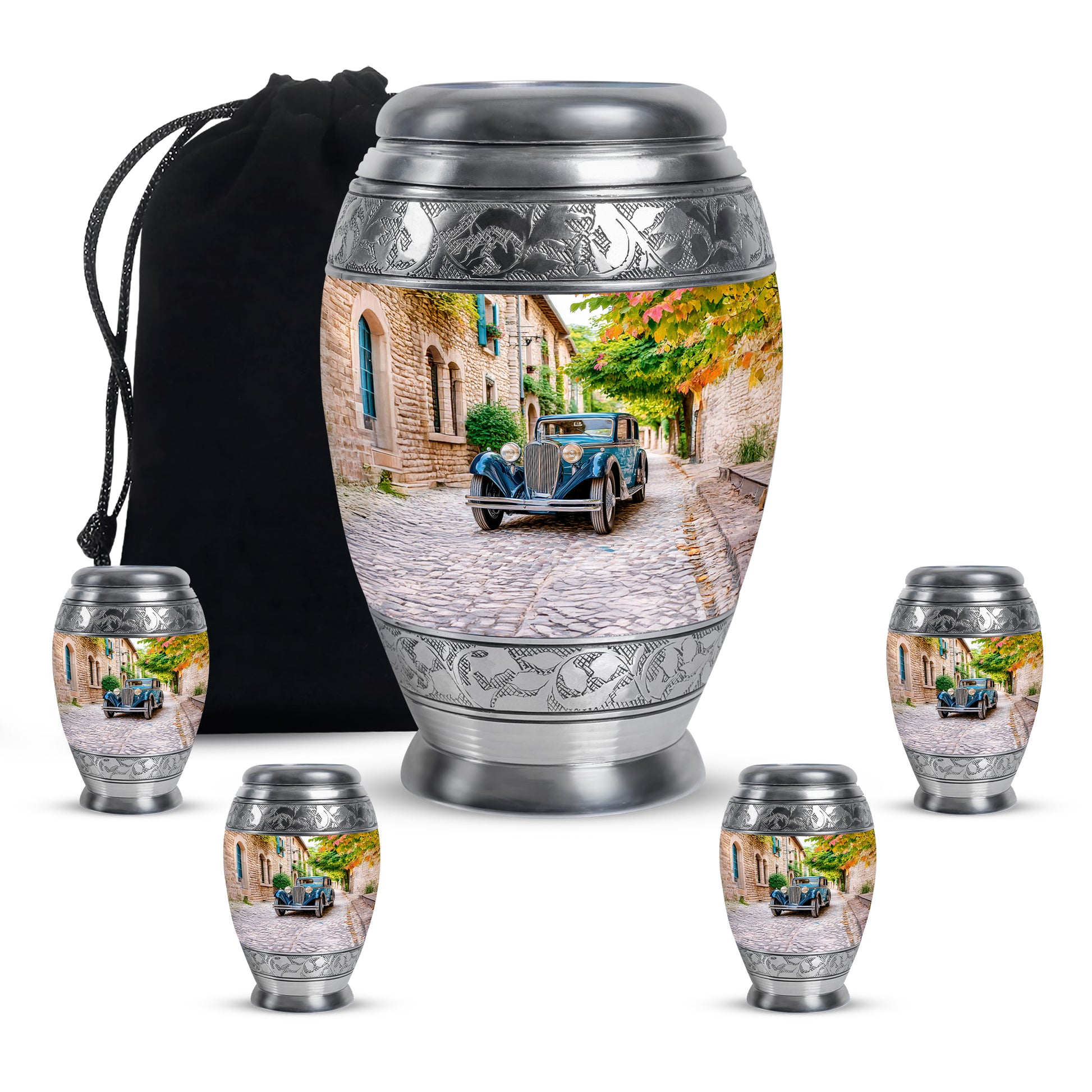 Antique Gold Car Cremation Urn detail view - regal car design with crown-inspired accents - memorial set with one large and four small urns